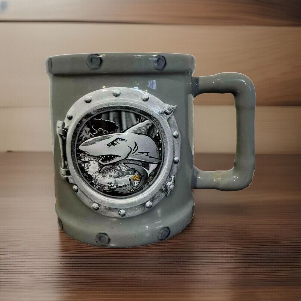 Sea Life Shark Porthole Coffee Mug Embossed Ship Gray 4" Merlin 2016 Nautical